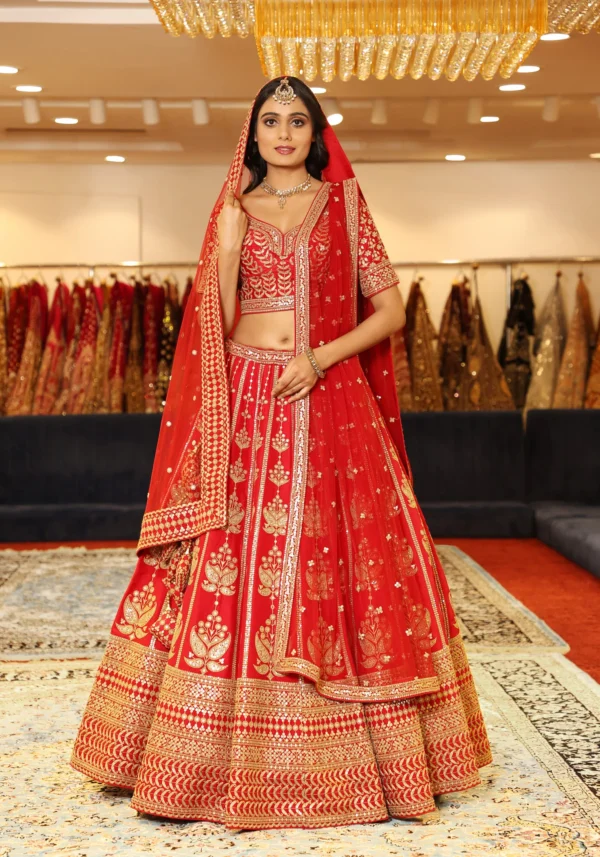 Designer Lehenga – Hand Embroidery comes with Metal Tikki work (Red)