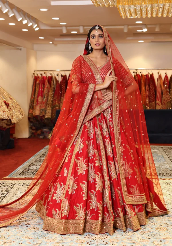 Designer Lehenga – Hand Embroidery comes with Metal Tikki work (Red)