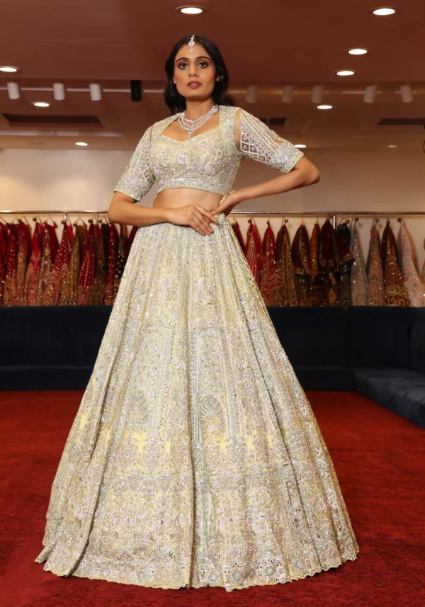 Western Lehenga – Hand Embroidery comes with Sequins, Pearl, Cutglasses & Stone Work (White & Gold)